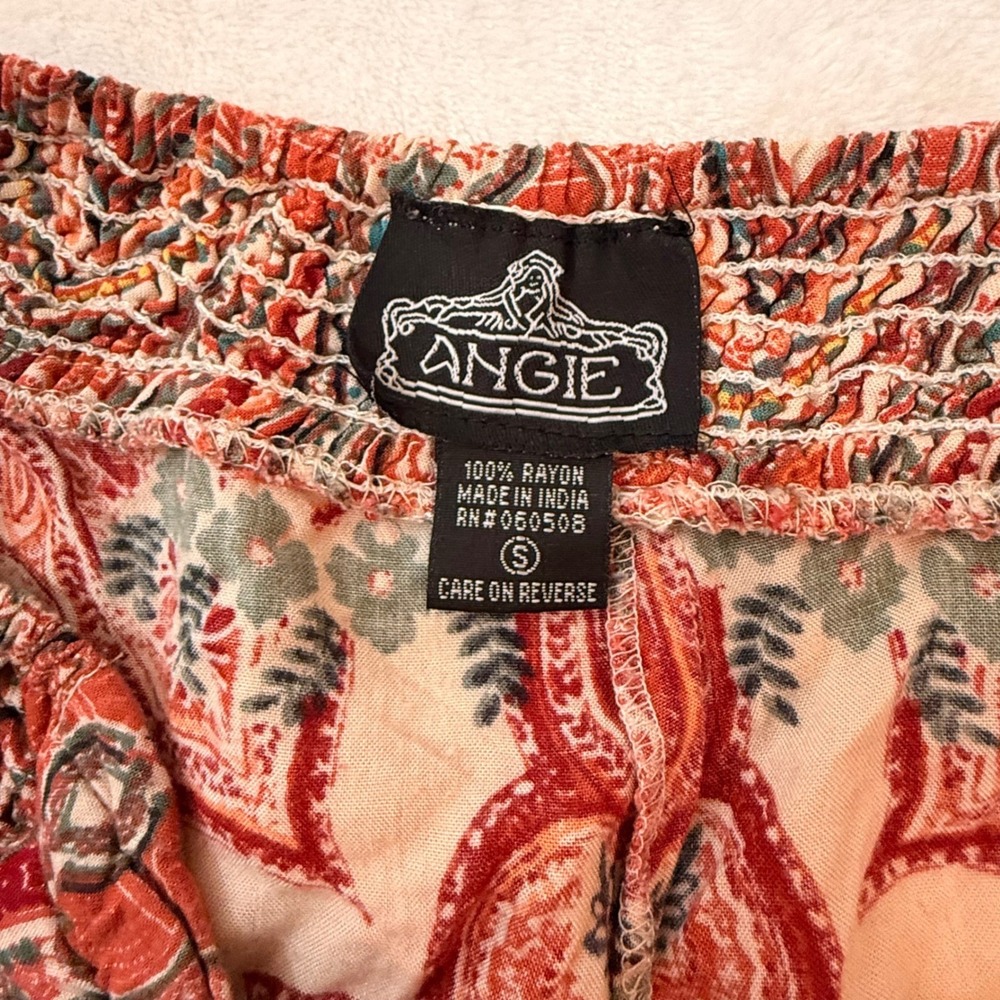 Angie | Paisley Floral Wide Leg Boho Pants Rust Orange Smocked Waist, Size S - Picture 5 of 5
